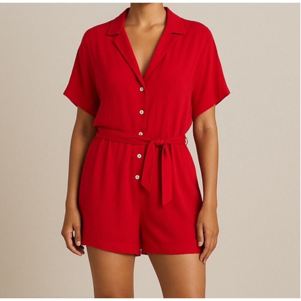 For Days Cherry Red SS Utility Romper‎ Linen Small